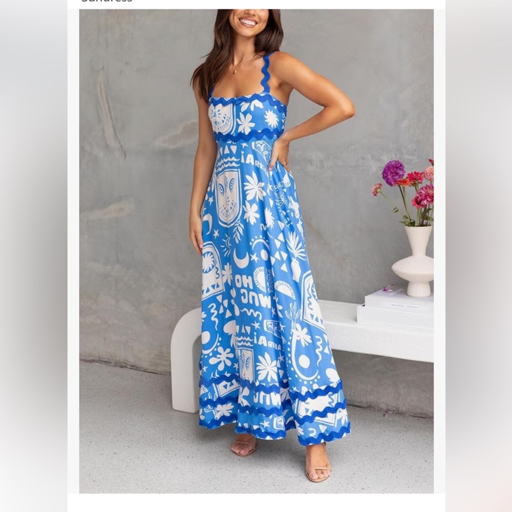 NWOT Blue White Boho Ric Rac Flowy Sundress Tequila Vodka Maxi Dress Size Small